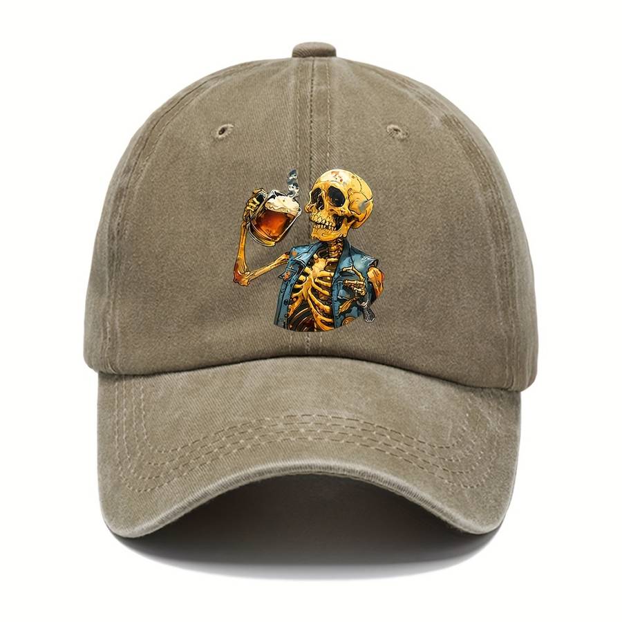 1pc Halloween Skeleton Holding Wine Baseball Cap Adjustable Vintage Casual Hat Unisex Breathable