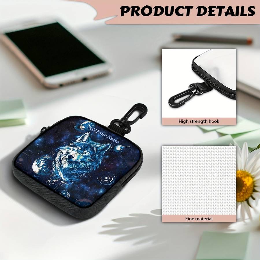 1pc Starry Arctic Wolf Coin Purse Customizable Name Black Polyester Mini Wallet with Keychai