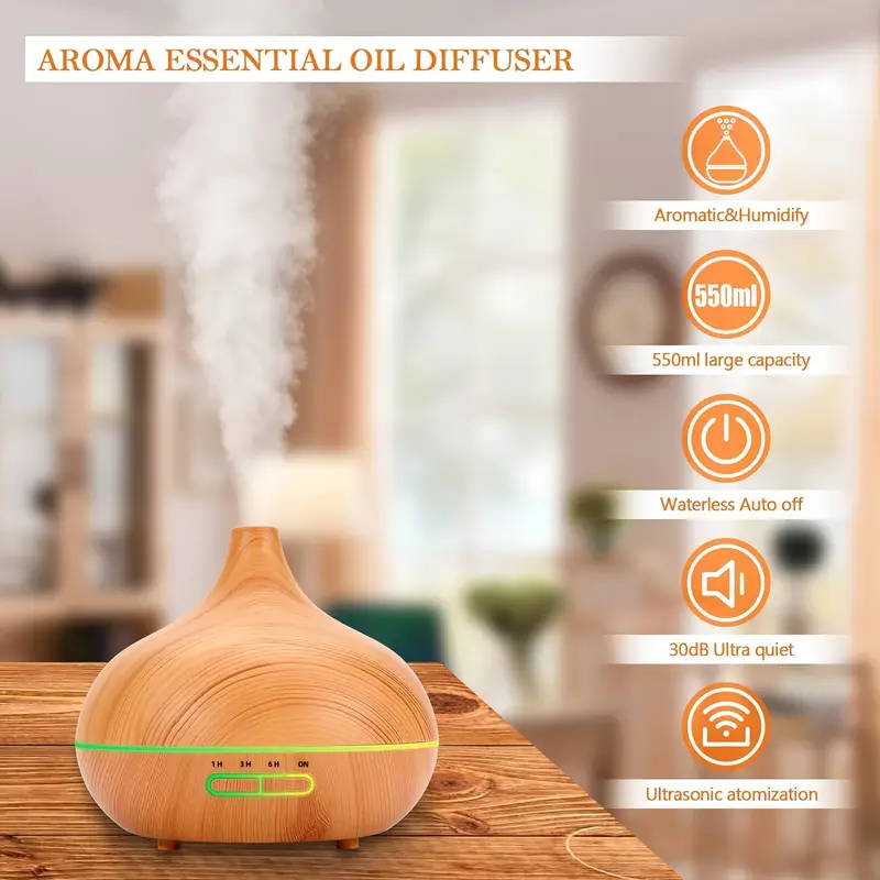 LED Aroma Diffuser with Wood Grain Design - USB-Powered Humidity Regulator & Air Freshener, Compact
