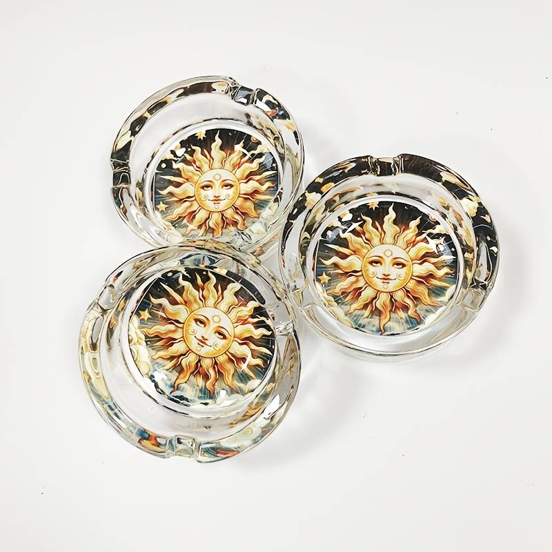 1pc Elegant Sun Moon Design Glass Ashtray Round Stained Glass Artwork with Golden Sun Tranqu