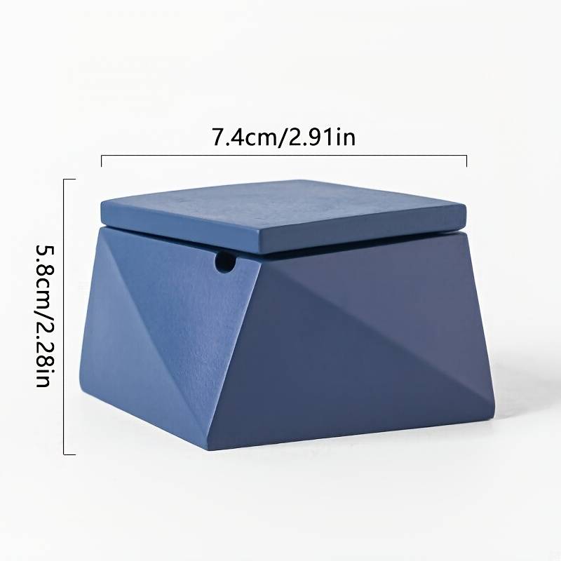 1pc Modern Geometric Stone Ashtray with Lid Light Blue Black Handcrafted Perfect for Indo