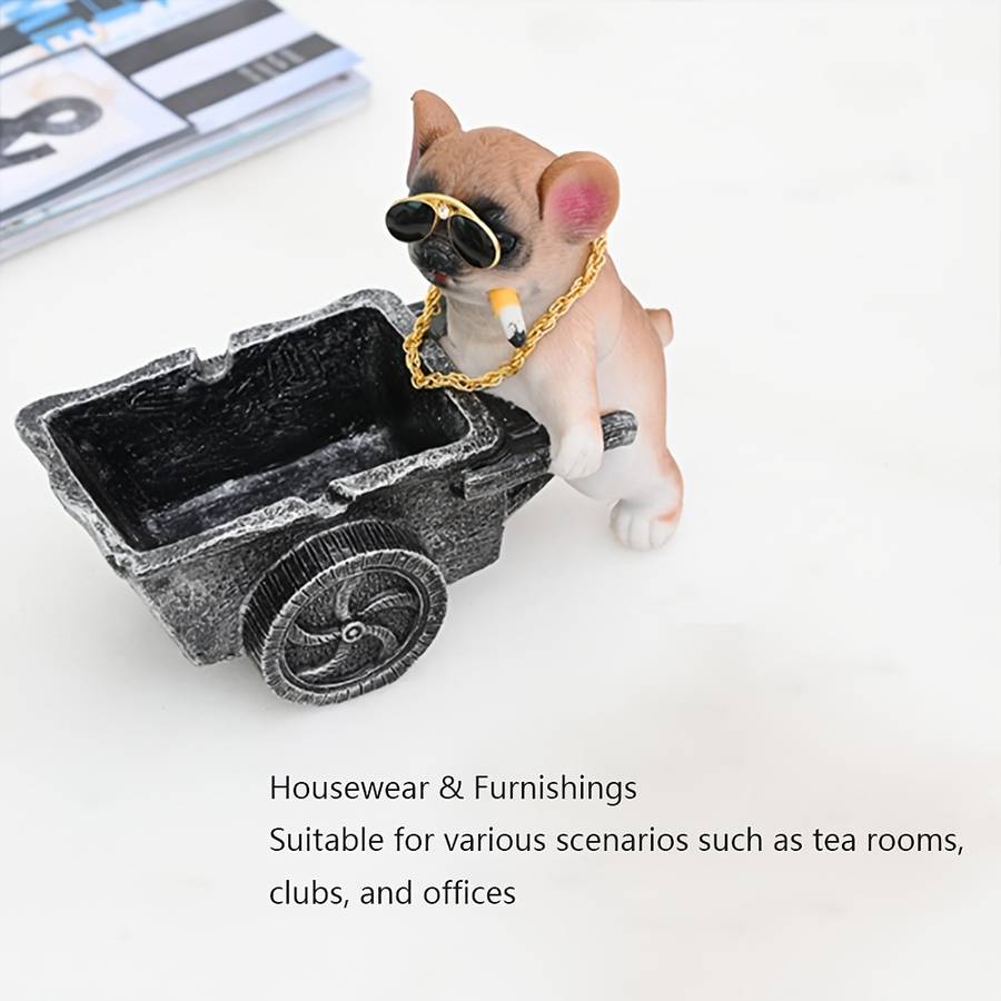 1pc Art Deco Resin Dog Ashtray with Glasses and Golden Chain Creative Decorative Pet Cart Design