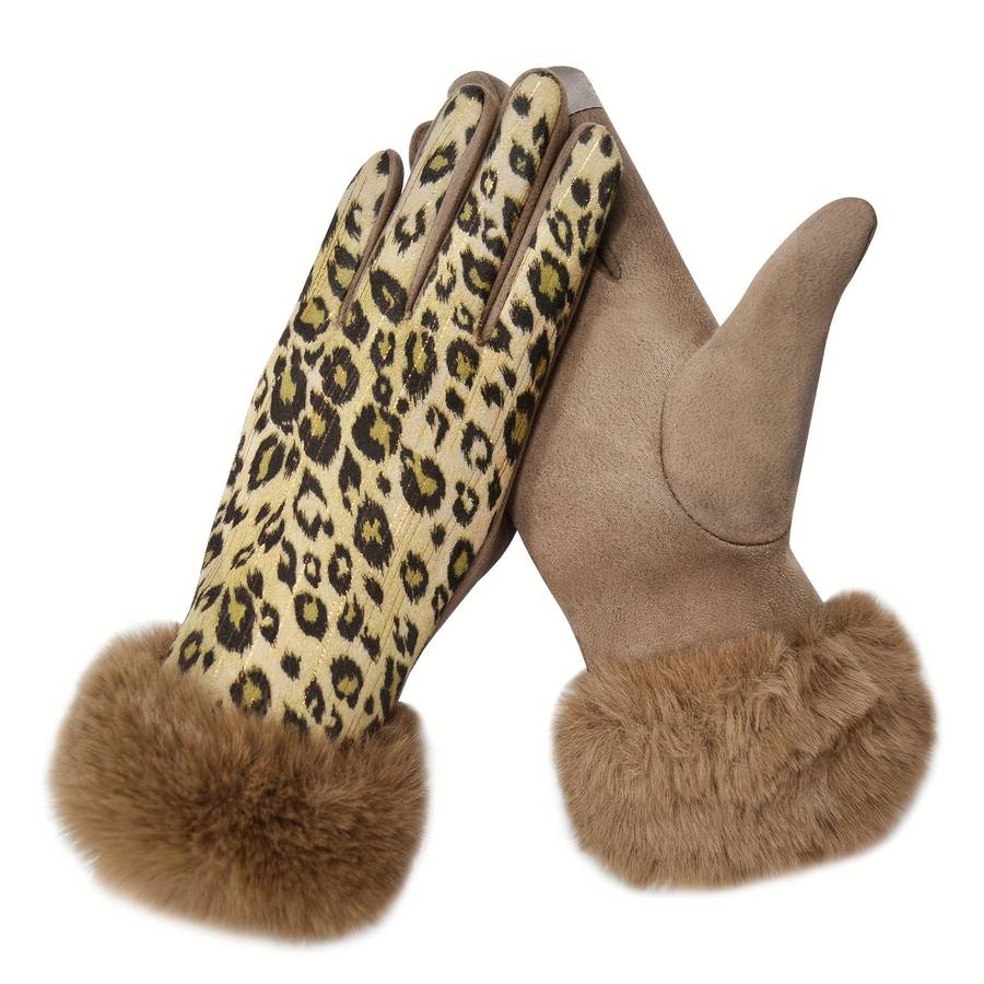 1 Pair Leopard Print Hair Mouth Pink Brown Warm Gloves