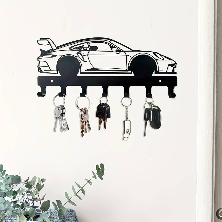 Black Metal Car Key Holder with 4 HooksStylish Sports Car Design for Keys Coats Towels Hats a