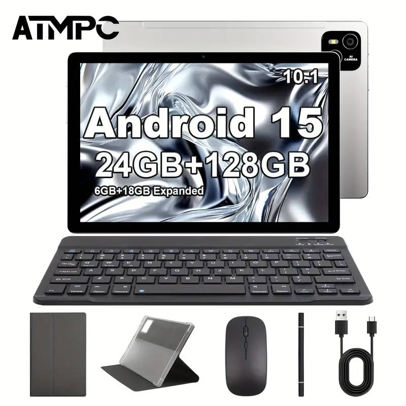 10.1" Android 15 24/128GB Tablet with Keyboard & Case