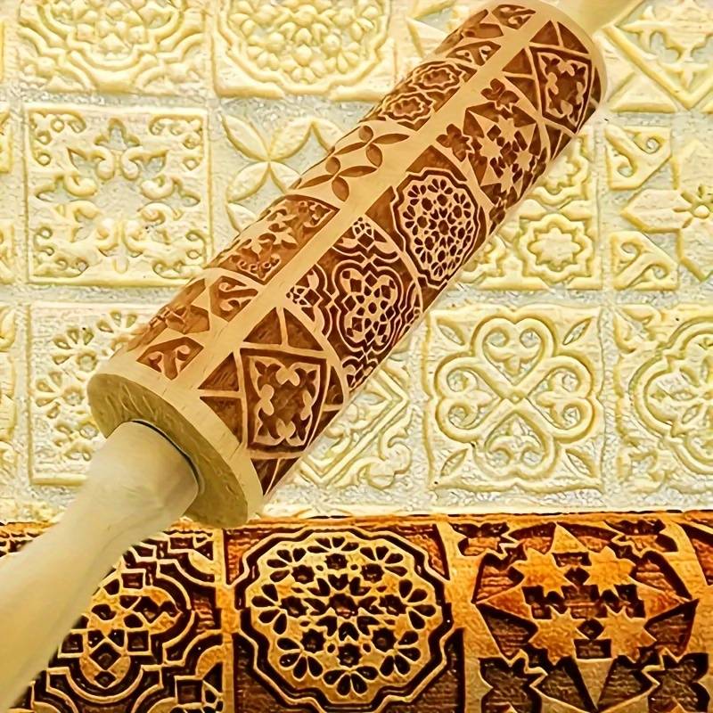 1pc Wooden Embossing Rolling Pin 13.77"x1.77" Christmas Halloween Printed for Pizza Pies