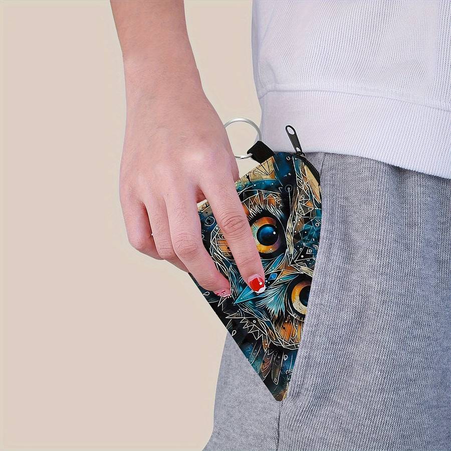 1pc SWEET Owl Print Zipper Pouch Lightweight Multifunctional Small Purse with Keychain Coin