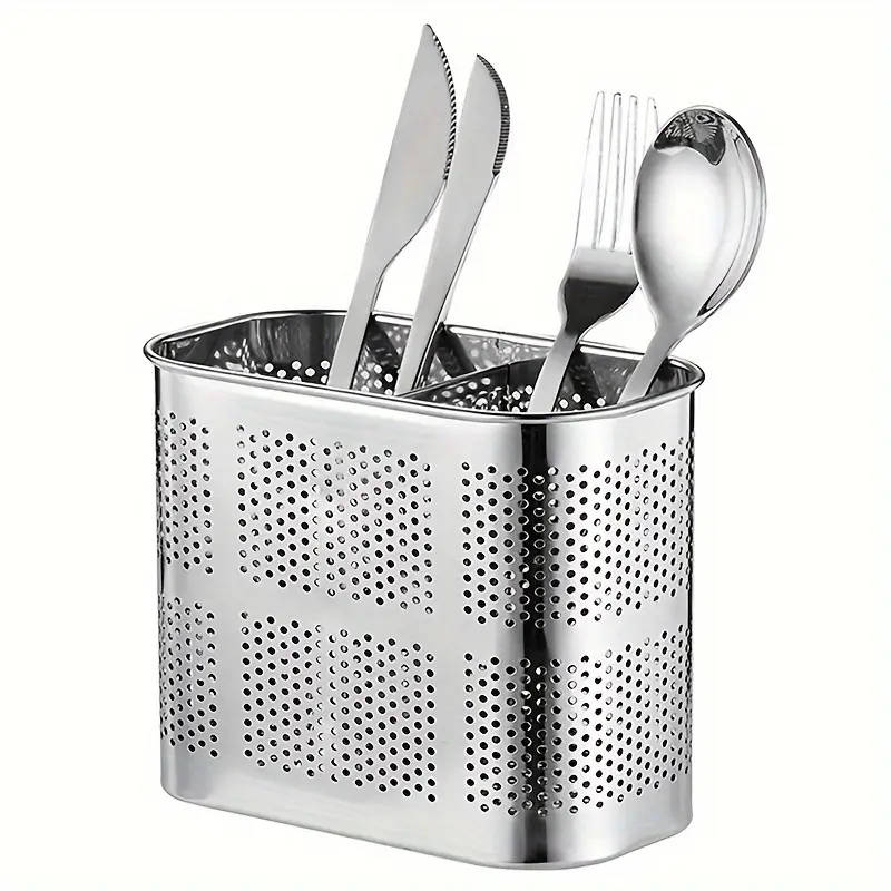 1pc Stainless Steel Chopstick Holder with Drain Rack Dual-Compartment Multi-Functional Storage Organ