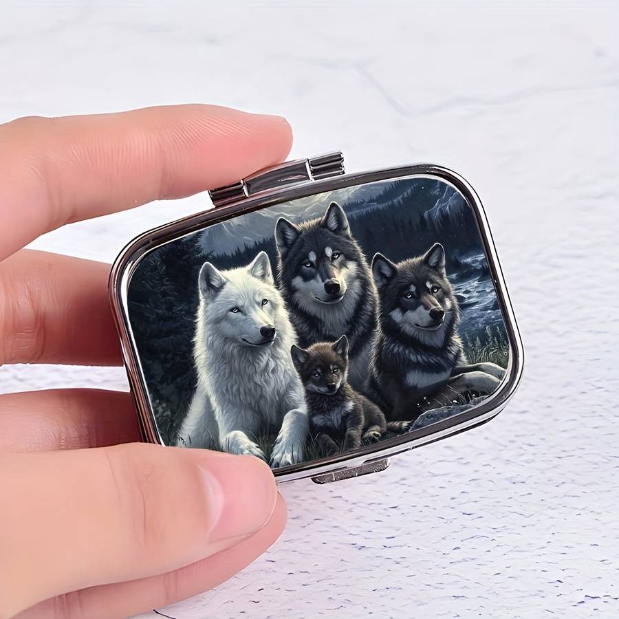 1pc Wolf Family Metal Pill Box C Portable Decorative Organizer with Realistic Wolf Artwork Com