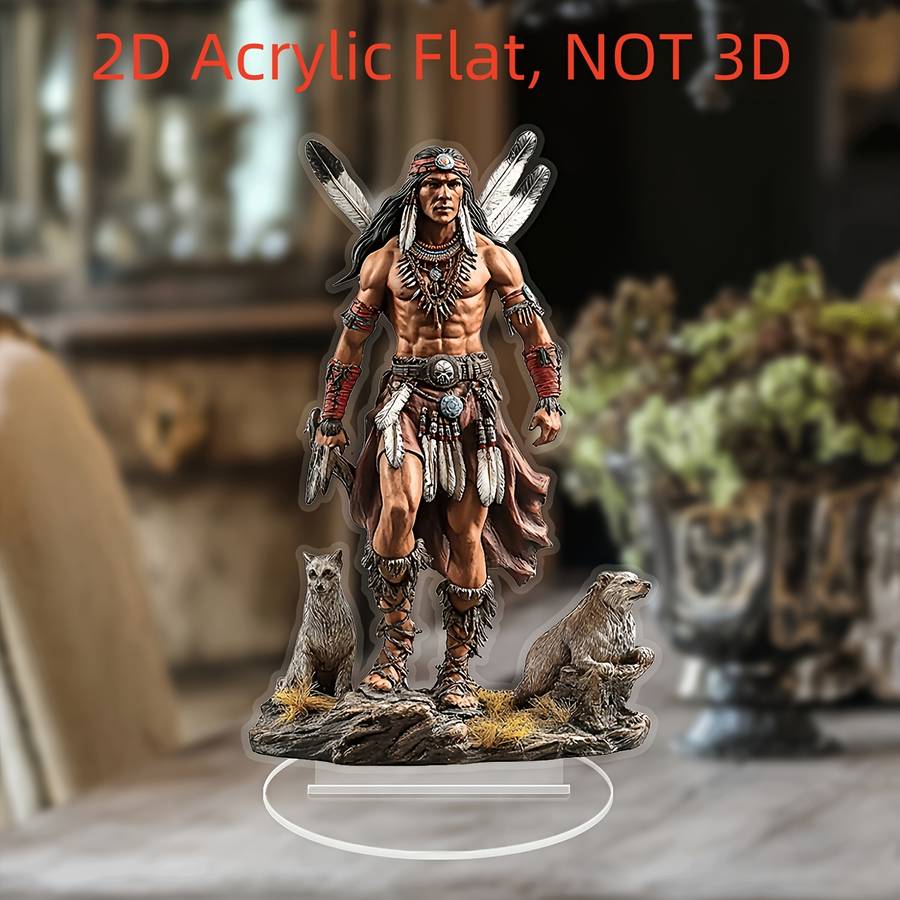 2D Flat Bohemian Style Acrylic Statue Native American Chief Wolf Scene Vintage Desk De