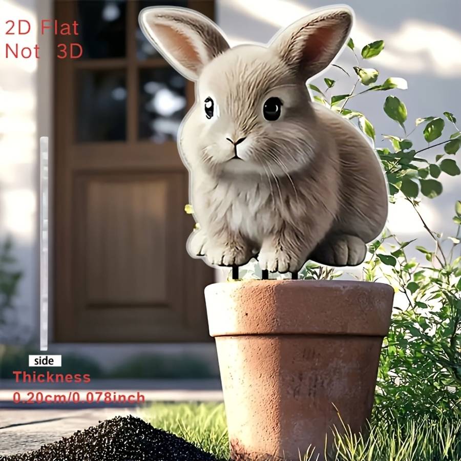 1pc 2D Flat   Charming Acrylic Rabbit Garden Stake Adorable Light Brown Bunny with Green Eyes