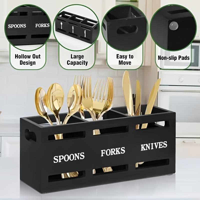 1pc Classic Wooden Kitchen Utensil Rack with Solid Iron Handle 3-Compartment Storage Basket for S
