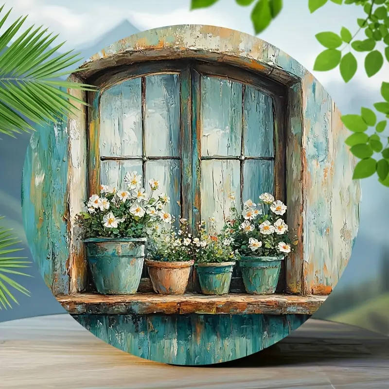 1pc 2D Tin Sign Window With Flowers In Pots Retro Aluminum Circular Metal Sign Metal Wreath Sign Ret