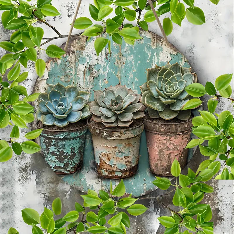 1pc Rustic Succulent Wooden Wall Hanging Distressed Blue Turquoise Art Decor with Realistic Succulen