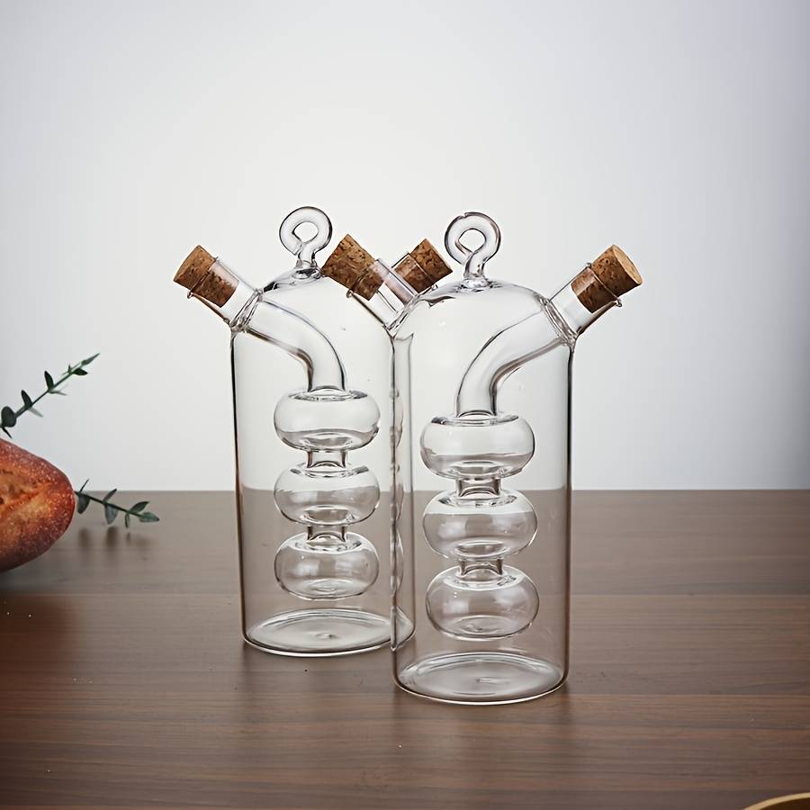 1pc 2-in-1 Glass Olive Oil and Vinegar Dispenser with Cork Stopper Clear Kitchen Container Dual