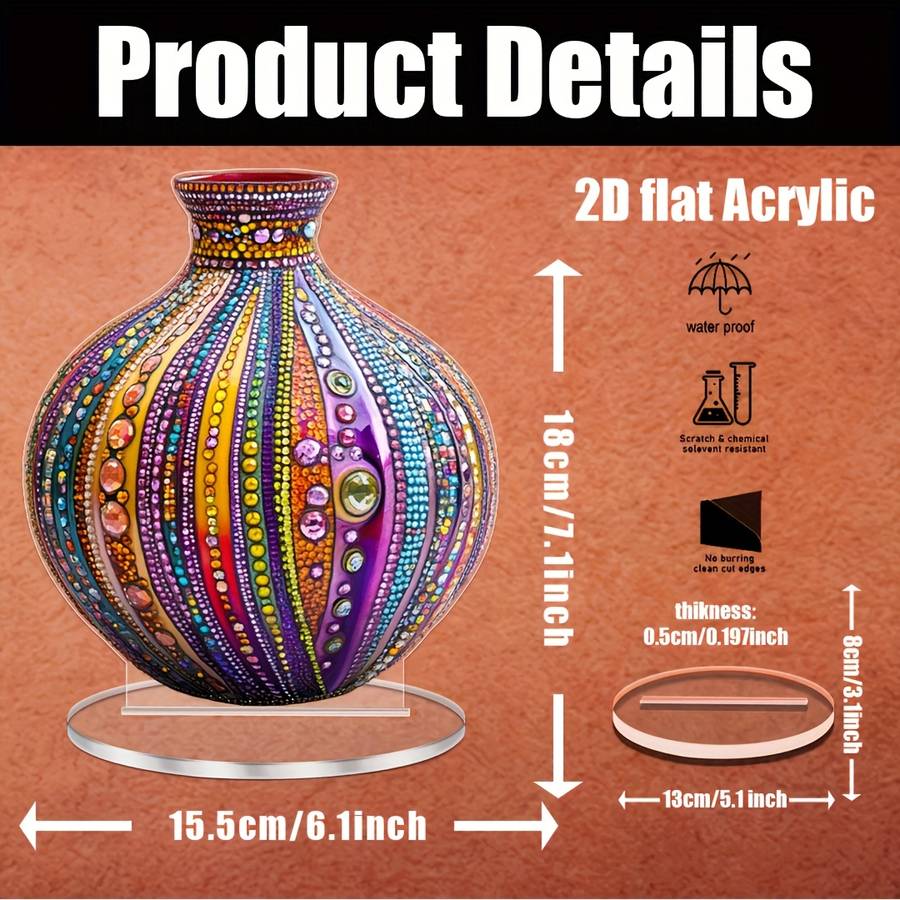 2D Flat Bohemian Style Acrylic Vase Decor Colorful Beaded Design With Rhinestones G