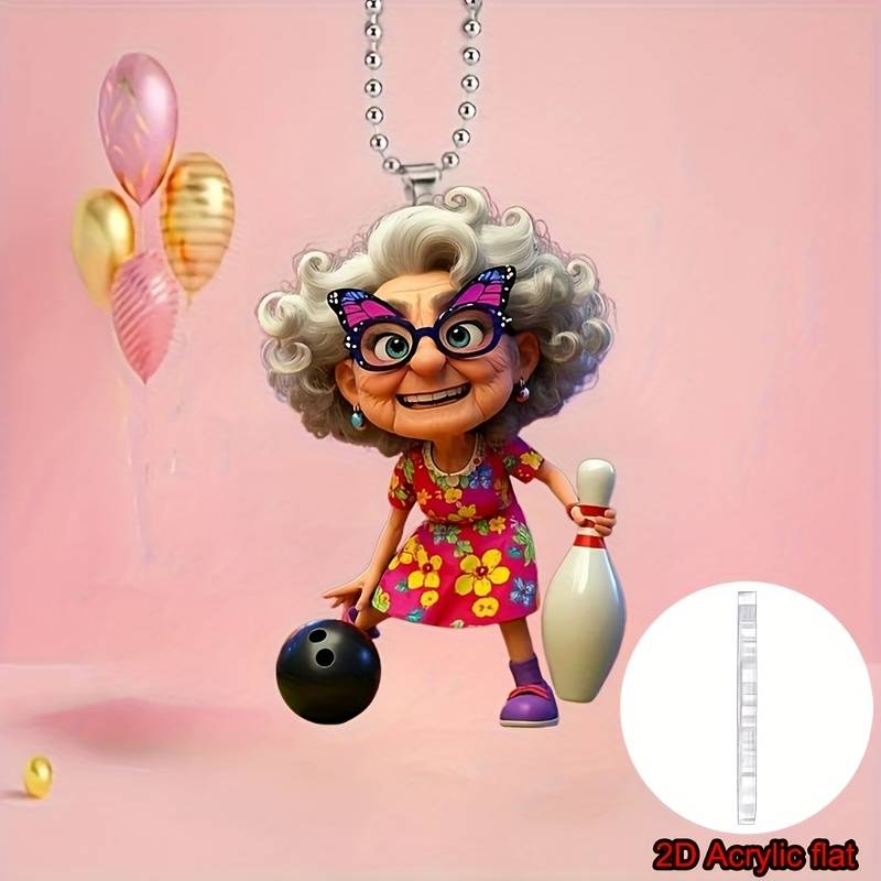 1pc 2D Flat   Acrylic Car Pendant Cute Grandma Playing Bowling Colorful Floral Dress Purpl