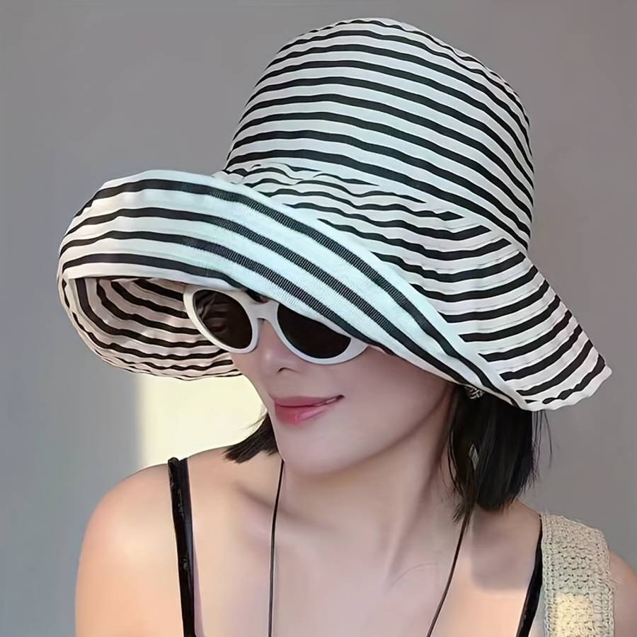 Black White Striped Wide Brim Bucket Hat Lightweight Breathable Sun-Protective Fisherman