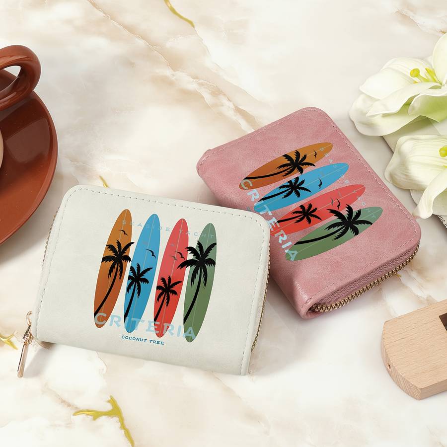 1pc Tropical Print Women's Compact Wallet Stylish Zippered Clutch with Multiple Slots Durable PU