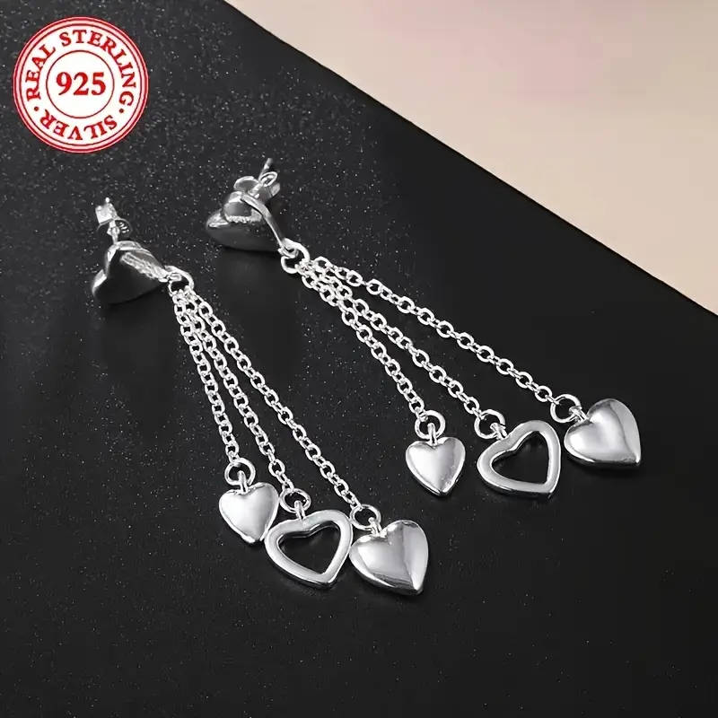 925 Sterling Silver Tassel Heart Pendant Earrings