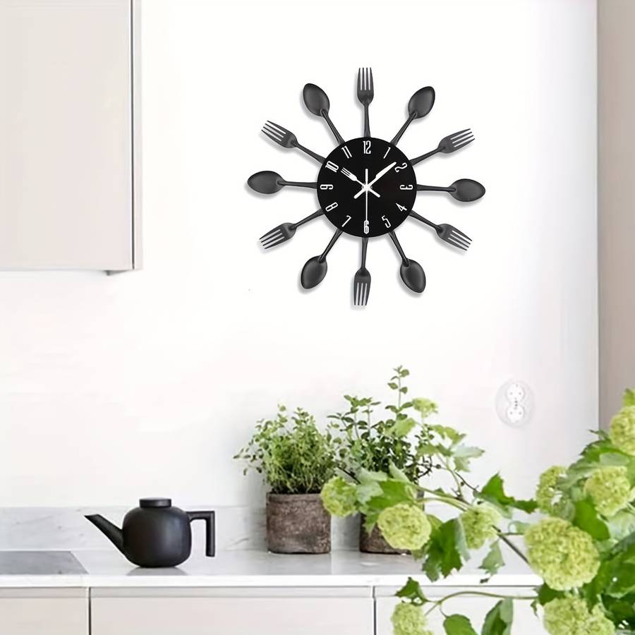 1pc Creative Golden Metal Wall Clock Kitchen Utensils Spoon Fork Wall Decoration Clock Ideal De