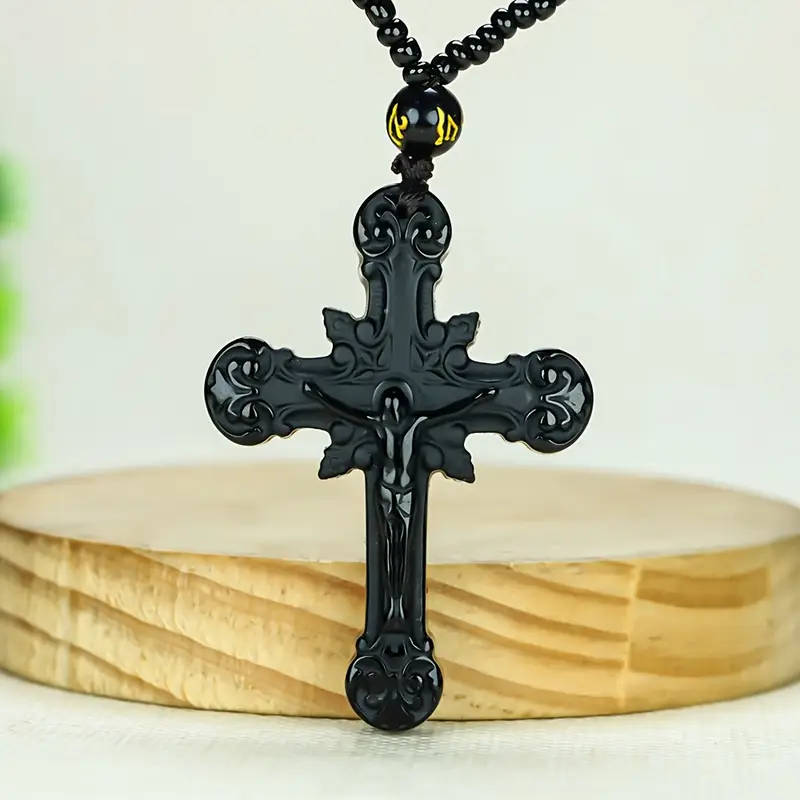 Natural Obsidian Cross Pendant Necklace