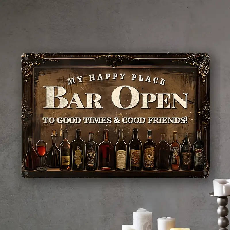 1pc Retro Metal Aluminum Sign My Happy Place Bar Open Tin Sign Wall Art Decor Vintage Garage Wall