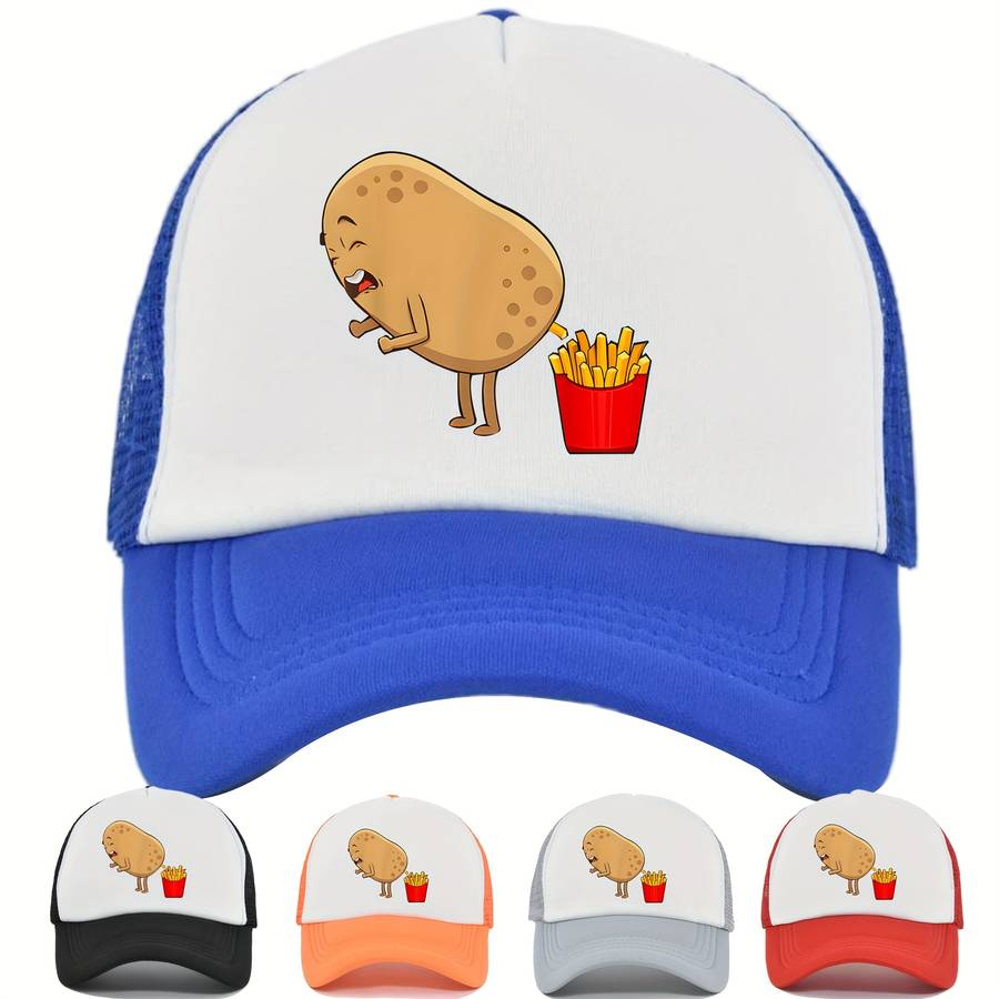 1pc Funky French Fries Cartoon Print Snapback Hat Breathable Polyester Mesh Trucker Cap with Colo