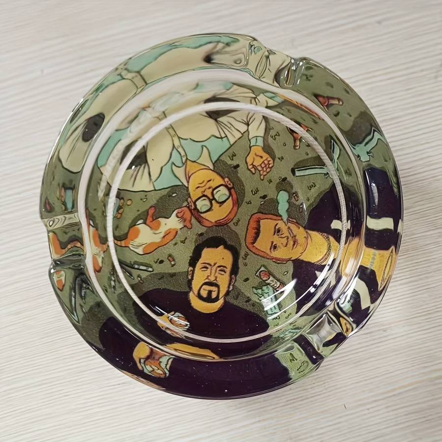 1pc Vibrant Cartoon Family Glass Ashtray 85mm Round Colorful Character Design with Animated