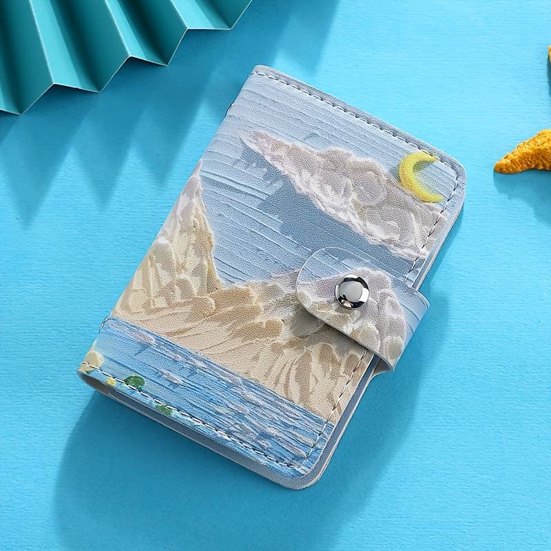 1pc Artistic Oil Painting Style Womens Card Holder C Large Capacity Ultra-Slim Coastal Land