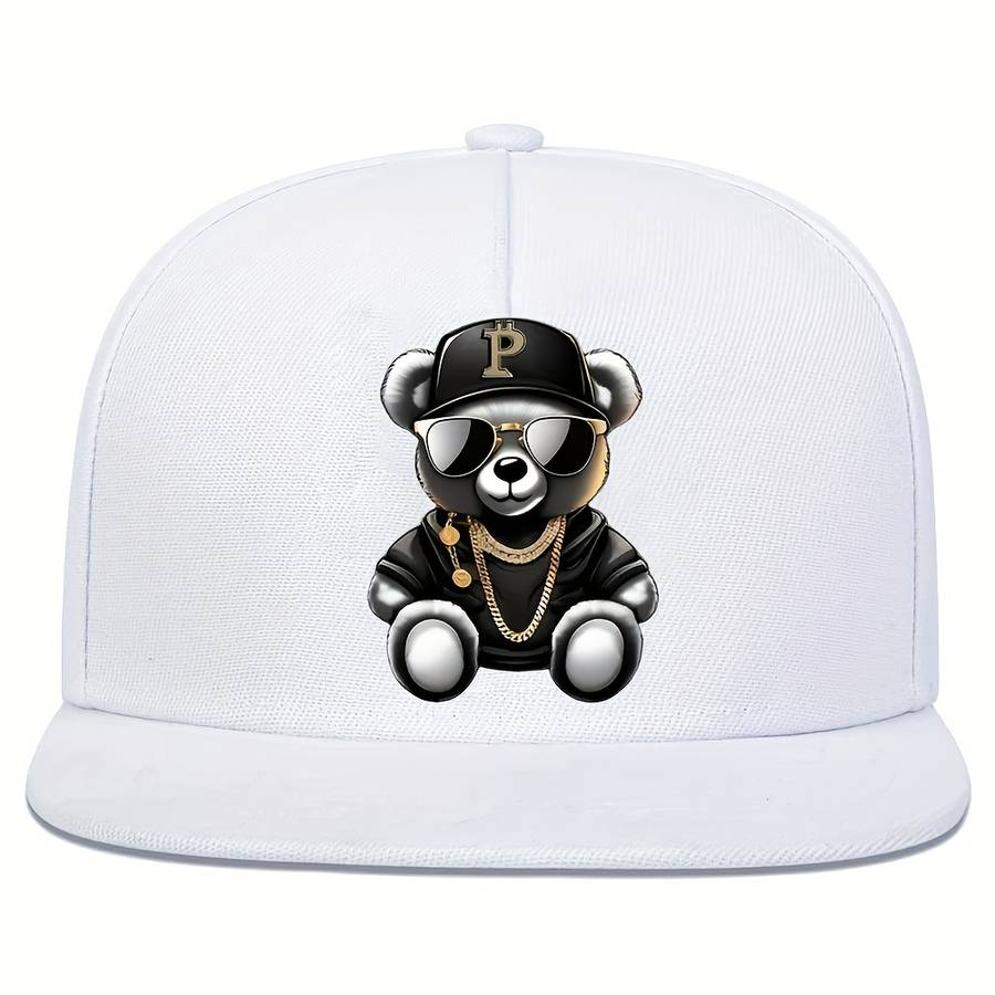 1pc Hip Hop Bear Print Flat Brim Cap Unisex Adjustable Street Style Baseball Hat 100% Polyest