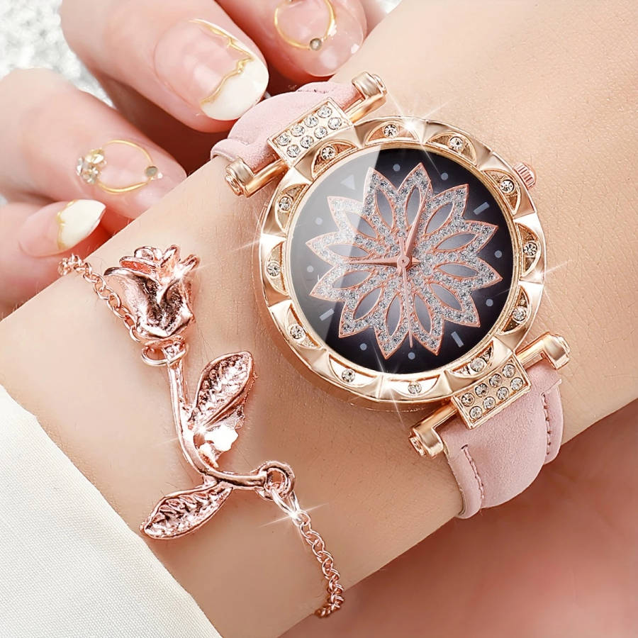2pcs Set Women's Fashionable Simple Flower Petal Quartz Watch With Bracelet Set Includes Watchband A