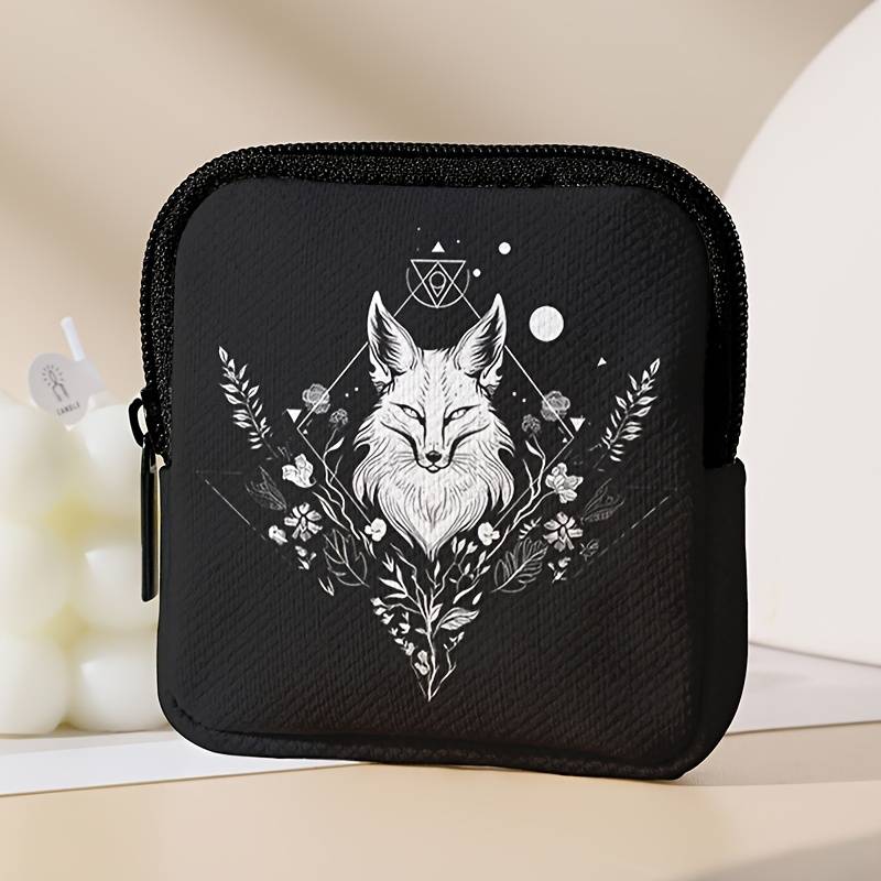 1pc Large Capacity Coin Wallet with Black and White Wolf Pattern Digital Print Storage Bag Multif
