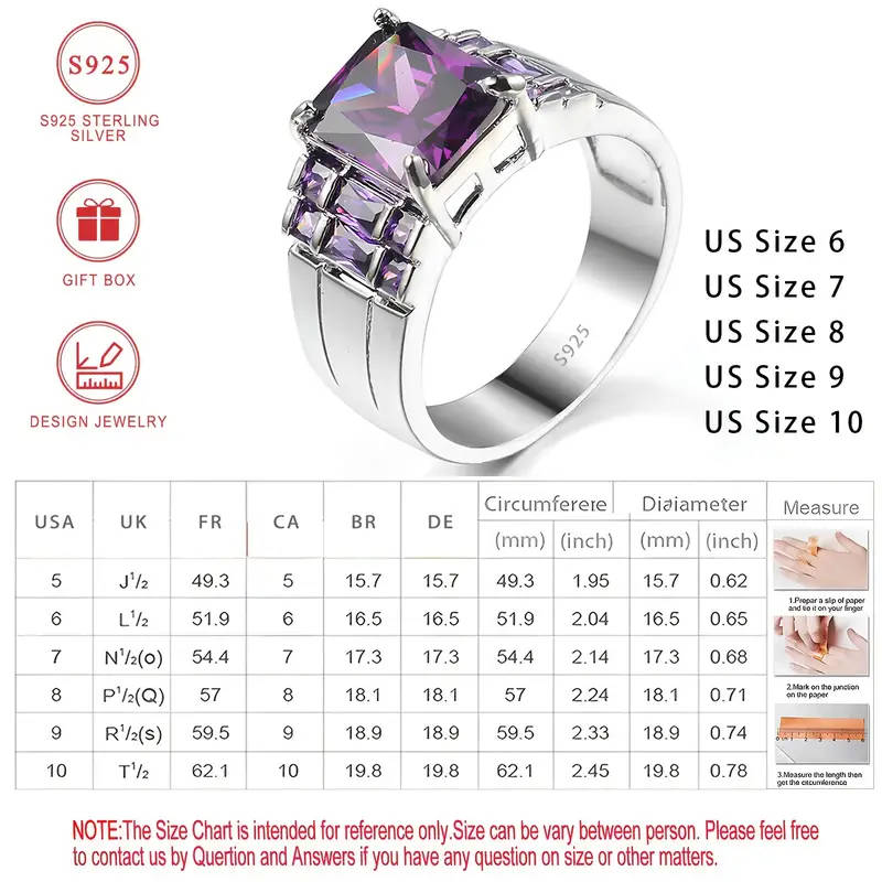 925 Sterling Silver Ring with Square Purple Synthetic Zirconia