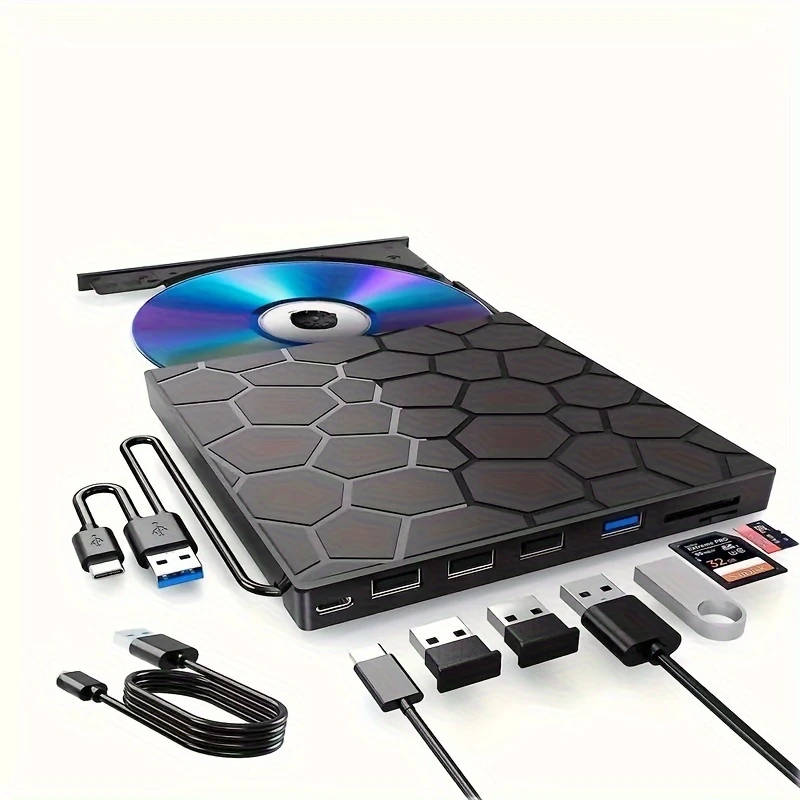 1pc Ultra-Slim 8in1 USB 3.0 External CD DVD Drive Portable Burner Player for Laptops Desktops Mac Wi
