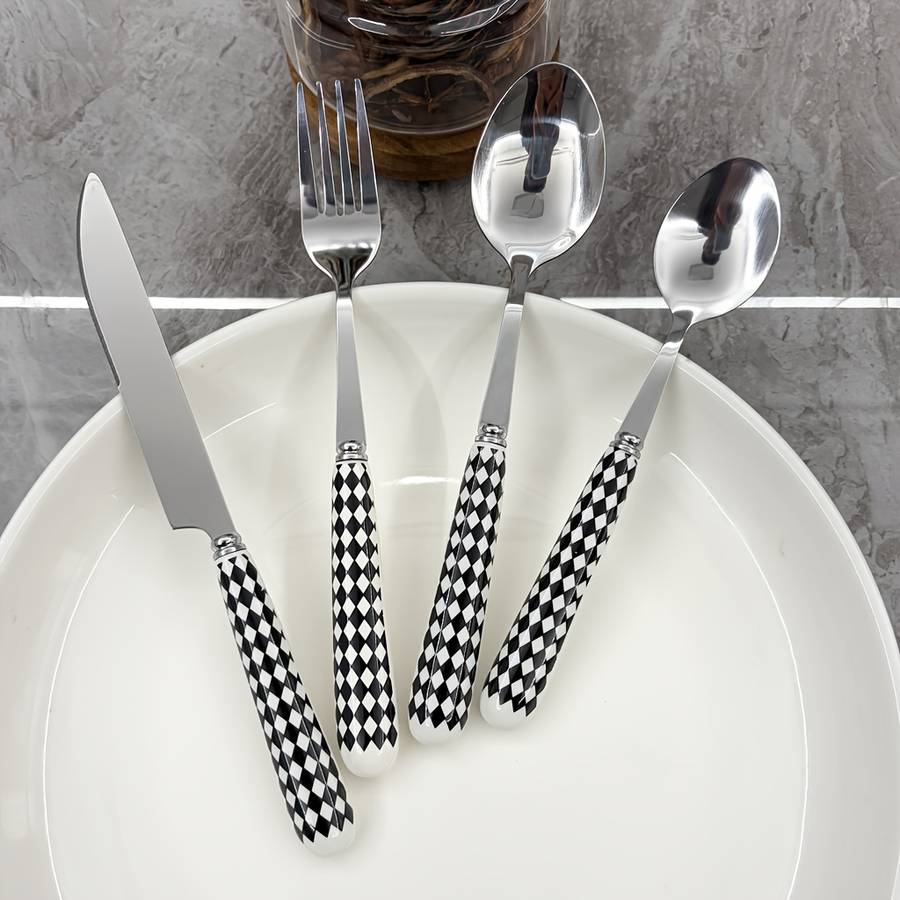 4pcs Ceramic Handle Stainless Steel Cutlery Polished Surface Cutlery with Striped Pattern Pr