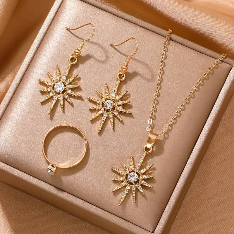 Elegant 4 pieces Sun Pendant Jewelry Set with Luxurious Rhinestones