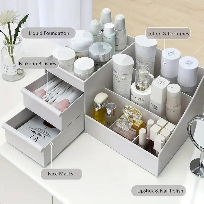 1pc Plastic Cosmetic Organizer with Drawers Lightweight Countertop Makeup Storage Holder for Lipstic