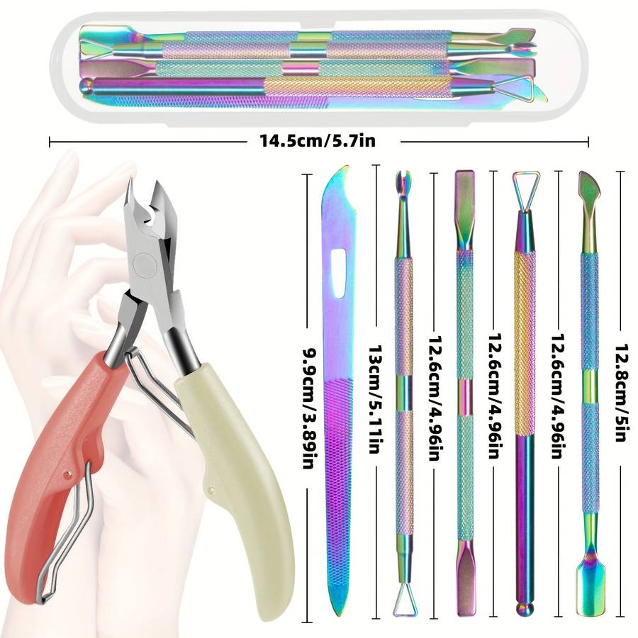 6pcs Professional Nail Care Set Stainless Steel Cuticle Scissors Slanted Clippers Dead Ligh