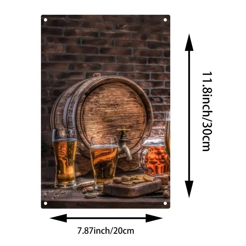 1pc Rustic Bar Scene Metal Tin Sign Vintage Aluminum Wall Art with Beer and Barrel Design Ideal for