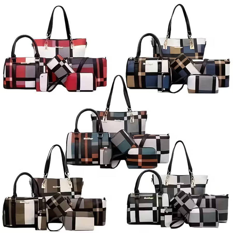 6Pcs Women Plaid Bag Set Tote Crossbody,Clutch Wallets