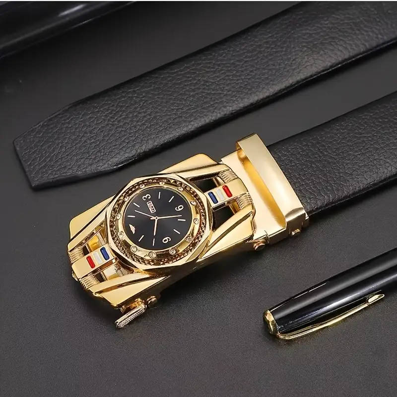 Elegant Men's Black Imitation Leather Belt With Gold Automatic Buckle