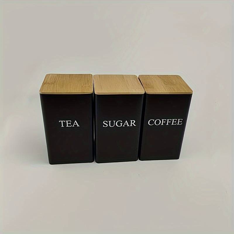 LDQ Set of 3 Iron Kitchen Canisters with Wooden Lids Washable Uncharged Engraved Label Stor
