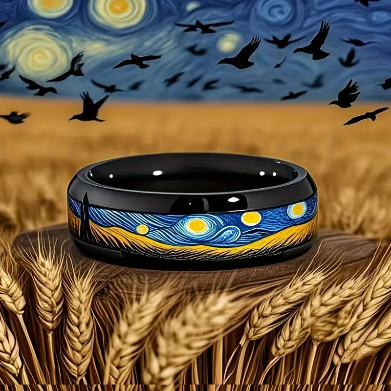 Men's 8mm Stainless Steel Ring with Van Gogh "Starry Night" Design Gunmetal Finish