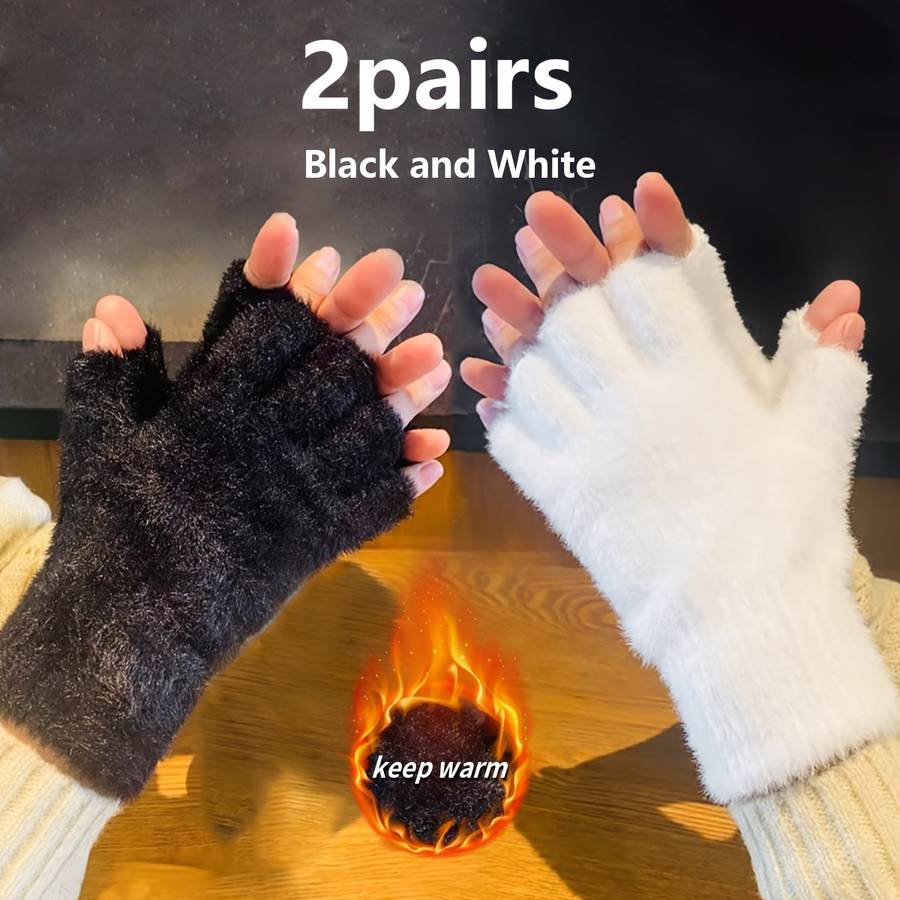 1 Pair Black White One Size Warm Gloves