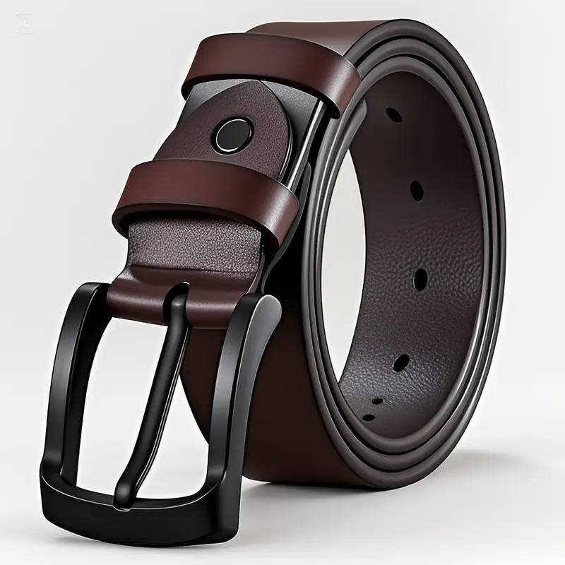 Men's Leather Coffee Belt with Black Belt Buckle - L/XL