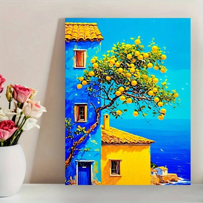 1pc Vibrant Mediterranean Landscape Canvas Print 30.48x40.64cm Artistic House and Fruit Tree Poster