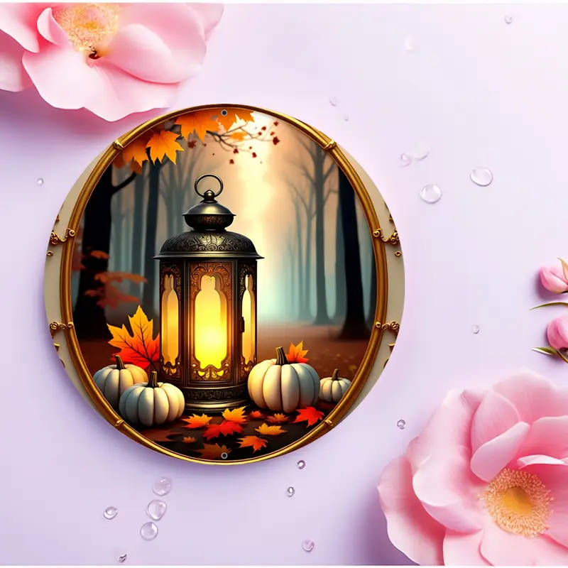 1pc Rustic Lantern Pumpkin Design Aluminum Wall Sign 19.99 cm Round Safe Rounded Corners Easy Instal