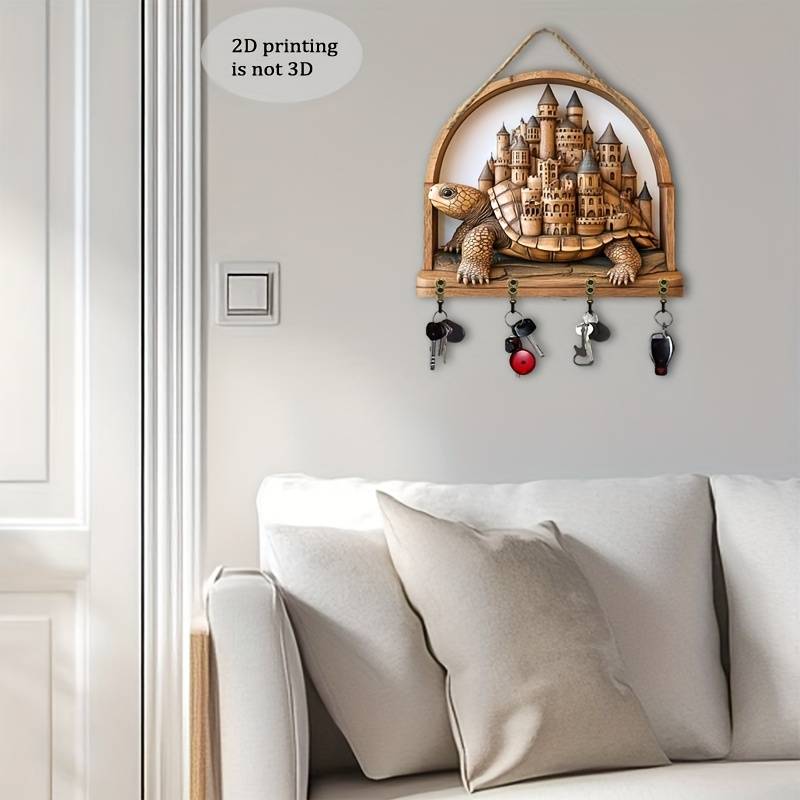 A 2D Artwork Featuring a Turtle And a Beautiful Castle a Minimalist Colorful Wooden Key Holder with