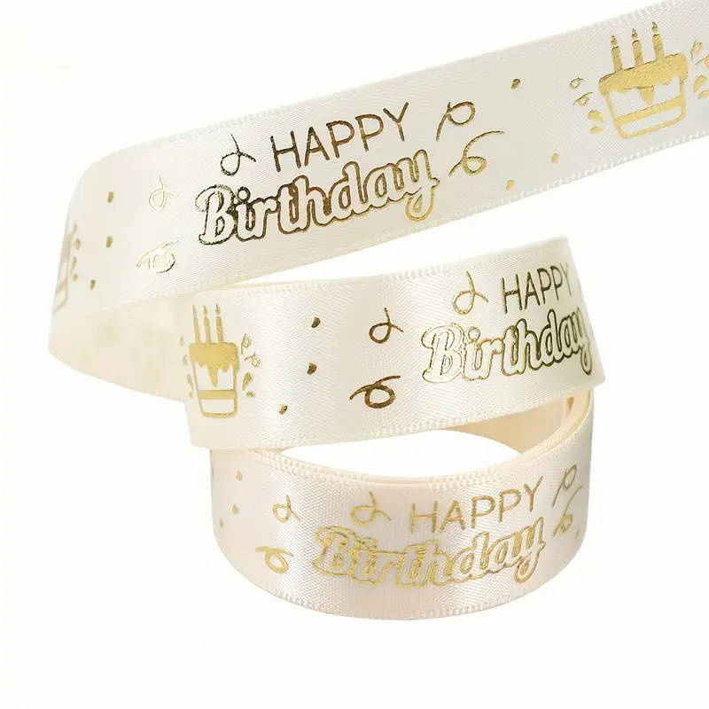 Classic Happy Birthday Print Polyester Ribbon Beige